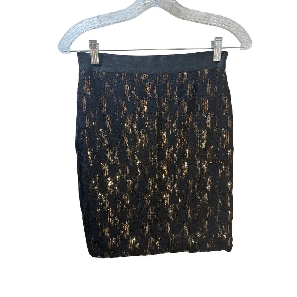 Sequin Lace‎ Pencil Skirt Black & Gold Stretch Fabric Womens Size Large